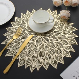 Mabbcoo Placemats Set of 6, Round Hollow Out Flowers Place Mats for Dining Table Pressed Vinyl Blooming Leaf Table Mats for Holiday Party Wedding Accent Centerpiece Dinner Decoration (Gold)