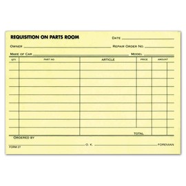 Donkey Auto Products Requisition on Parts Room (1-Part, Yellow) (Car Service Form) (100 Per Pad)