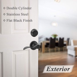 Probrico Entrance Lever Door Handle, Reversible for Right and Left Side, Double Cylinder deadbolt Set, Flat Black Finish Keyed Alike Combo 1 Pack