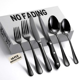 48 PCS NO-FADING Black Silverware Set with Steak Knives - KIKCOIN Food-Grade Stainless Steel Flatware Set for 8 - Mirror Polished Cutlery Set, Titanium Black Finish, Rust Resistant & Dishwasher Safe