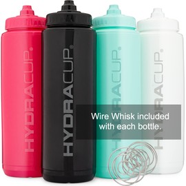 Hydra Cup - 4 PACK - 32oz Squeeze Water Bottles Bulk Set, BPA FREE, For Sports, Cycling, Bike, Quick Squirt Hydration, Shaker Cup Wire Whisk Included.