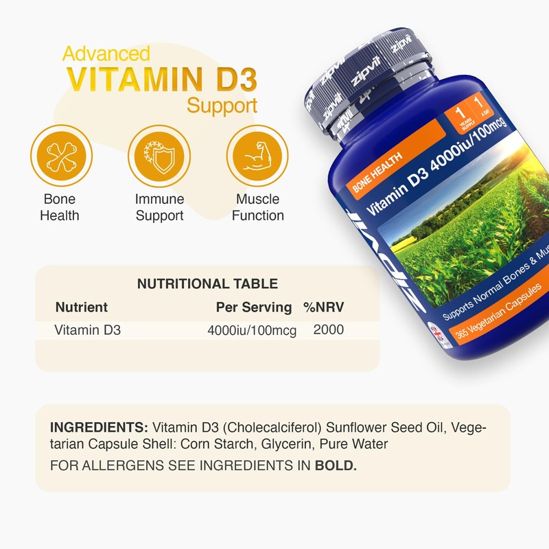 Zipvit Vitamin D3 4000IU Softgels, High Strength Vitamin D Supplement,