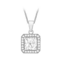 Tuscany Silver Rhodium Plated Cubic Zirconia Square Pendant on Curb Chain of 46 cm/18-inch