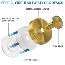 Deluwire Suction Cup Hooks for Shower,3 PCS No Drill Bathroom Hooks for Towels, Robes,Removable Towel Holder for Bathroom Wall,Kitchen,Glass,Mirror,Hanging up to 15 lbs,Loofah-Gold