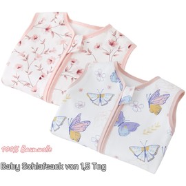 Teechodina Baby Sleeping Bag with Feet, Pack of 2, 100% Cotton, 1.5 Tog, Children's All-Year Sleeping Bag with Legs for Boys and Girls, 1.5 Tog/Cherry Blossom + Butterfly, 70 cm / Baby Height 80-90 cm