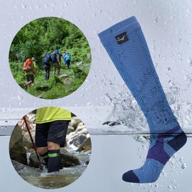 OTTERSHELL Waterproof socks, knee-high socks, suitable for running, cycling, mountain hiking and hiking. Merino wool, Blue-k