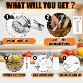 Large 15oz Potato Ricer, Stainless Steel Potato Masher and Ricer Kitchen Tool, Heavy Duty and Durable for Effortless Mashing - with Spoon and Fork Set