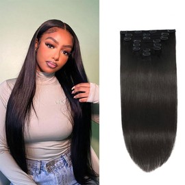 Clip in Hair Extensions 26 Inch Straight Clip In Human Hair #1B Natura Black Hair 100% Remy Human Hair 120 Gram Silky Straight Short Thick Real Human Hair Extensions for Black Women