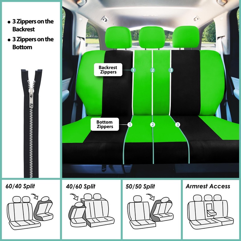 Automotive Seat Covers Green Universal Fit Combo Set with Steering