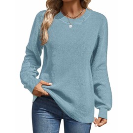 Zeagoo Womens 2025 Fall Sweaters Lightweight Long Sleeve Ribbed Knit Crewneck Pullover Tops Crochet Casual Outfits Blue X-Large