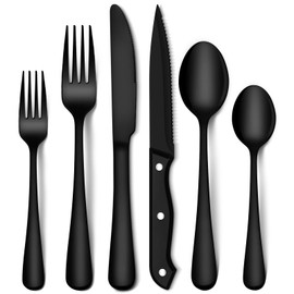 EUIRIO 48-Piece Black Silverware Set with Steak Knives, Heavy Duty Black Flatware Set for 8, Food-Grade Stainless Steel Tableware Cutlery Set, Black Utensil Sets for Home Restaurant, Mirror Finish