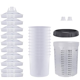 Disposable Paint Cups-Paint Mixing Cups System 27 Ounce (800ml), 10 Cups and Lids Systemfor Automotive, 1 Hard Cup with Retainer Ring, 2 Plugs, 1 Stirrer (27 Ounce-10PCS)