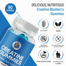 Creatine Gummies 4000 mg for Men and Women, 60 Gummies, Pure Creatine Monohydrate, Blueberry Flavour, Vegan and Vegetarian