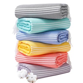 Genovega 6 Oversized Cotton Turkish Beach Bath Towel Set Bulk 74"x38" Extra Large Sand Free Quick Dry Swimming Camping Pool Clearance Towels Blanket Essentials Adult Multi Blue Stripes