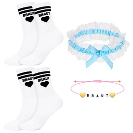 SummitEdge 2 Pairs Wedding Gift for Bride Tennis Socks, Gift Wedding Favours with Blue Garter Wedding and JGA Accessories Women for Stag Night Women, White + Black Stripes, One size fits all