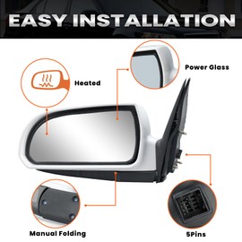 Left Driver Side Mirror Compatible with Hyundai Sonata 2006 2007 2008 2009 2010 Power Glass Manual Folding Heated White (5 Pin) Replace HY1320149 | 87610-0A000