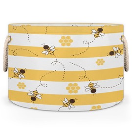 FengQuGou Animal Cute Bee Large Storage Basket Honeycomb Bee Round Laundry Basket with Handle Organization Collapsible Storage Bins Box Hamper for Kids Toy Clothes Nursery Bedroom Living Room Decor