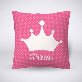 Pehede Throw Pillow Cover Princess and White Crown on Pink Dot Cotton Linen Pillow Case Decorative for Sofa Couch Chair Bedroom 18X18 Inch