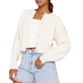 Cioatin Women Y2K Open Front Button Down Crop Sweater Cardigan Long Sleeve Lightweight Knit Pullover Fall Outfits Tops White