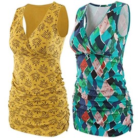 COLOMI Maternity Nursing Tank Top Women Maternity Pajama Tops Nursing Cami Sleep Bra for Breastfeeding (Yellow+Green Print/2Pack, S)