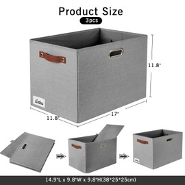 Bagnizer Large Collapsible Fabric Storage Bins with 3 Handles, Foldable Organizer Baskets for Closet, Shelves, Living Room | 3 Pack, Durable PU & Metal Handles (17"x11.8"x11.8", Full Gray)
