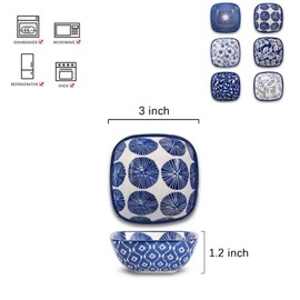 Selamica Ceramic 2.6 OZ Square Dipping Bowl Set, Soy Sauce Dish 3 inch Small Bowls for Ketchup Condiments Side Dish BBQ, Ramekins Oven safe, Stackable, Set of 6, Vintage Blue