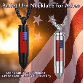 Bullet Urn Necklace for Ashes Stainless Steel Box Chain 24 inch American Flag Pendant Cremation Memorial Jewelry for Men（Black）
