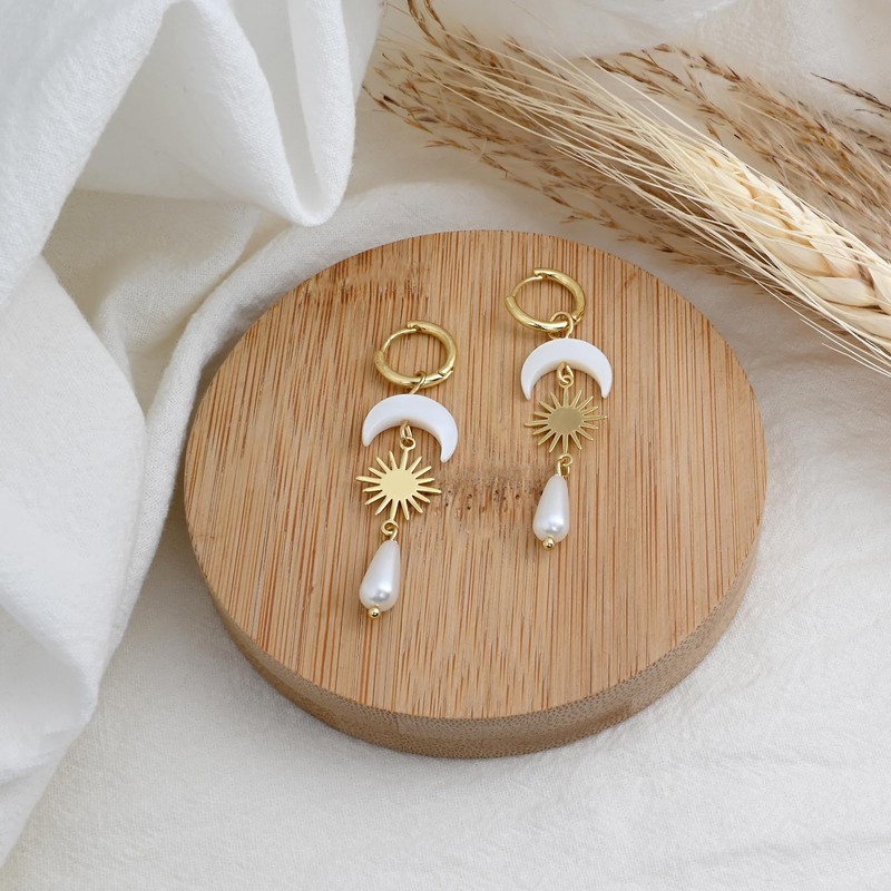 Pearl and Gold Sun Moon Drop Earrings, Shell Crescent Dangle