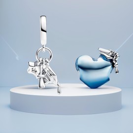 MSPOVOF Blue Graduation Heart & Triple Dangle Charms Bead for Bracelets and Necklaces 925 Sterling Silver Women's Graduation Jewelry Gifts 2 Piece/Package