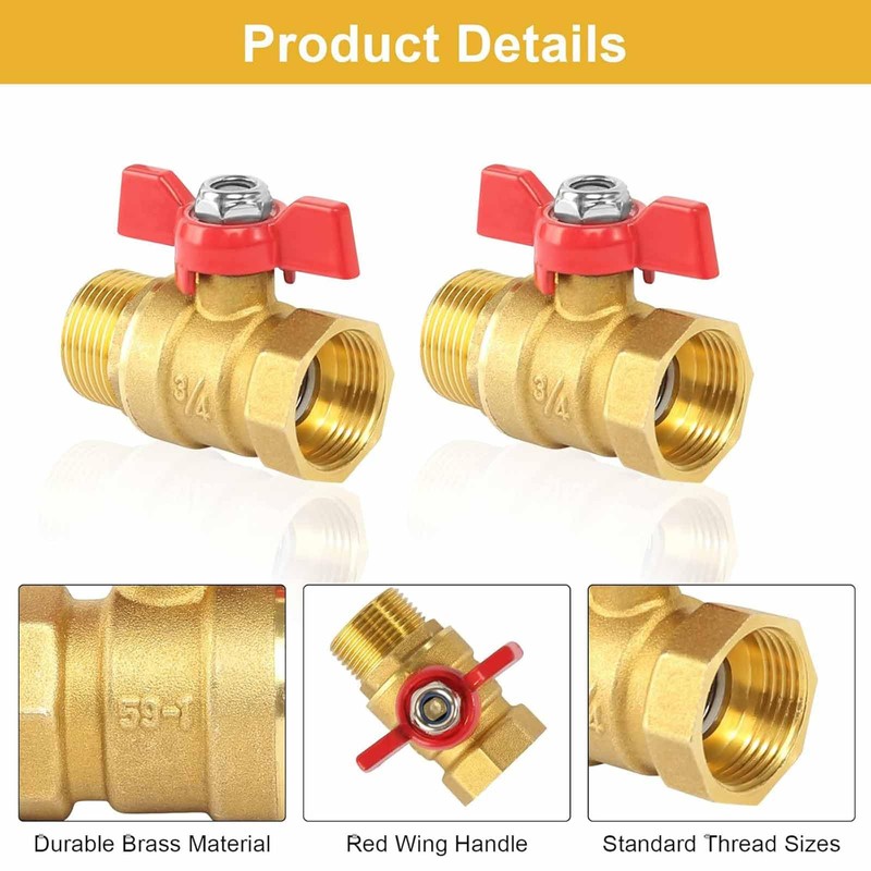 3/4 Inch Brass Ball Valve, Shut-off Valve with Red Wing
