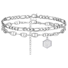 Silver Initial Anklets for Women,Cuban Chain Ankle Bracelets for Women Initial Letter Barefoot Jewelry(Layered N)