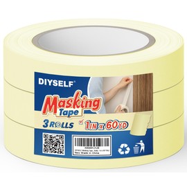 DIYSELF Masking Tape 1 Inch Wide, 3 Pack Beige White Painters Tape, 3 Rolls × 1" × 60 Yds, No Residue Easy Release Paper Tape for Painting, Art, Craft, Labeling, Watercolor, School, Masking Tape Bulk
