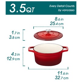 vancasso Enameled Cast Iron Dutch Oven with Lid, 3.5 QT Small Round Enamel Dutch Oven Pot for Bread Baking, Non Stick Enamel Coating, Red