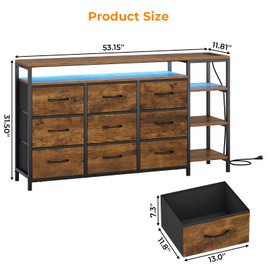 TV Stand for 60 Inches, Dresser With Charging Station & LED Lights, 9 Fabric Drawers, Entertainment Center and Industrial Console Table With Open Shelves for Living Room, Bedroom, Rustic Brown