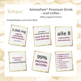 Cellufine® AminoFem® Premium Drink 480g Iced Coffee mit echtem Kaffee mit 8 essentiellen Aminosäuren nach Prof. Dr. Lucà- Moretti für optimierte Eiweißversorgung Aminosäuren komplex
