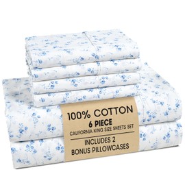 Casa Platino 100% Cotton Sheets California King Size Set - 6 Pieces (1 Flat, 1 Fitted, 4 Pillowcases) - Soft, Breathable & Cooling Percale Bed Sheets with Deep Pocket - Cal King Sheet Set - Floralis