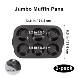 Bakexcel Non-Stick Jumbo Muffin Pans, 3.5" 6-Cup Set of 2 Baking Pans, Heavy Duty Carbon Steel Tins for Extra-large Muffins & Cupcakes