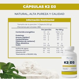 NAIMA K2 D3, 360 Cápsulas | Suplemento Alimenticio 100% Puro y Natural a Base de Vitamina K2 y Vitamina D3 | Apoyo a Huesos Fuertes, Absorción de Calc