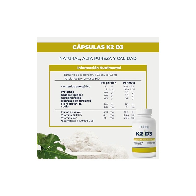 NAIMA K2 D3, 360 Cápsulas | Suplemento Alimenticio 100% Puro