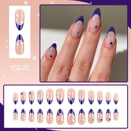 Blue French Tip Press on Nails Medium Almond Fake Nails with Star Rhinestones Heart Designs Almond shape Glue on Nail Reusable Artificial Acrylic Full Cover Stick on Nail for Women 24 Pcs