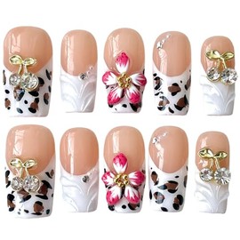 Uñas Postizas Hechas A Mano, con Diseño Floral de Terciopelo 3D, Puntas Francesas Cuadradas Blancas, Cortas/Medianas, Diseño de Leopardo Y Cerezas, Uñ