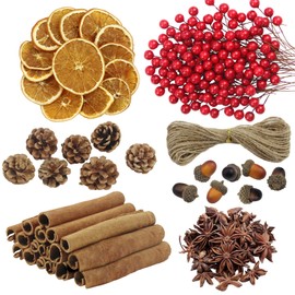 227pcs Christmas Wreath Making Decoration with Cinnamon Sticks Berries Pinecones Star Anise Dried Orange Slices and 10m Twine, DIY Festive Christmas Decoration Craft Accessories