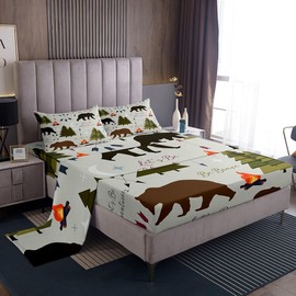 Homewish Happy Camping Sheet Set Twin Size Hunt Bear Pine Trees Bedding Set for Kids Boys Men Adults Cabin Room Decor Campfire Arrow Cartoon Fitted Sheet Wild Outdoor Adventure Top Flat Sheet 3pcs
