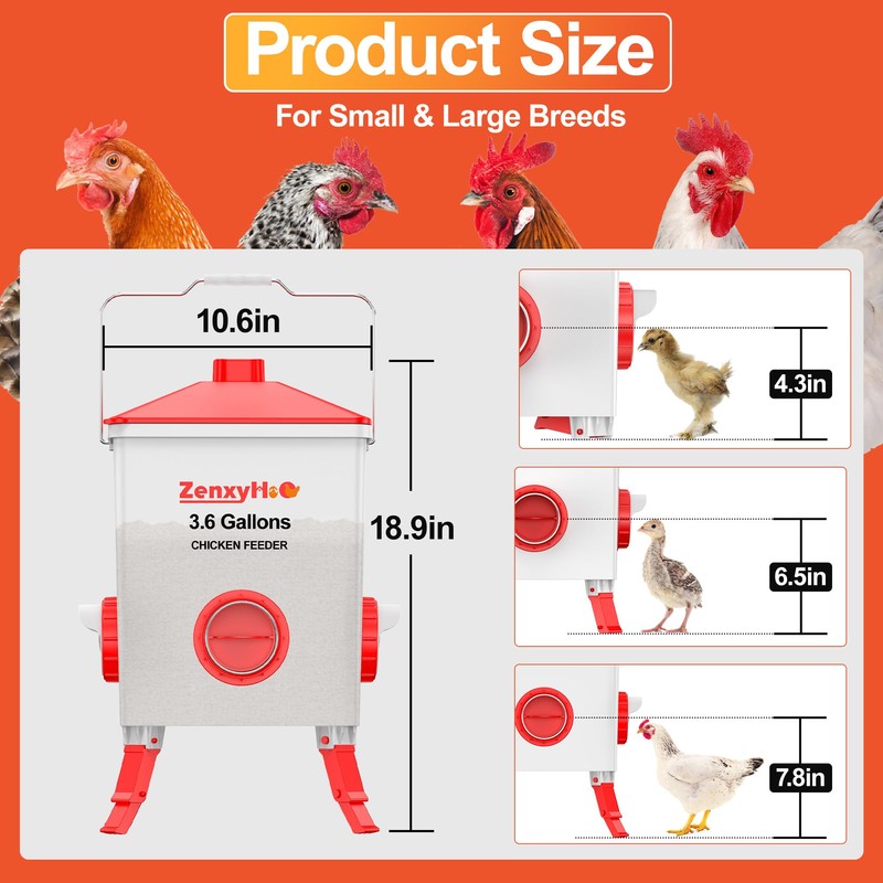 ZenxyHoC 3.6 Gal Chicken Feeder with Anti-Roost Cone, 3 Height