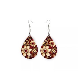 Twisted R Design Earrings, Burgundy and Cream Petals Wood Dangle Teardrop Print Earrings Jewelry