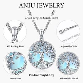 Aniu Tree of Life Necklace for Women S925 Sterling Silver Moonstone Celtic Family Tree Pendant Anniversary Birthday Mothers Day Gift for Mom Grandma Tree Jewelry Gifts for Her
