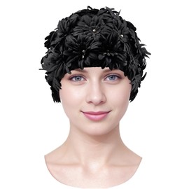 Medifier Floral Petal Swim Cap Bathing Cap for Women Girls Long Short Hair Retro Elastic Swimming Turban with Flowers Pearls Black