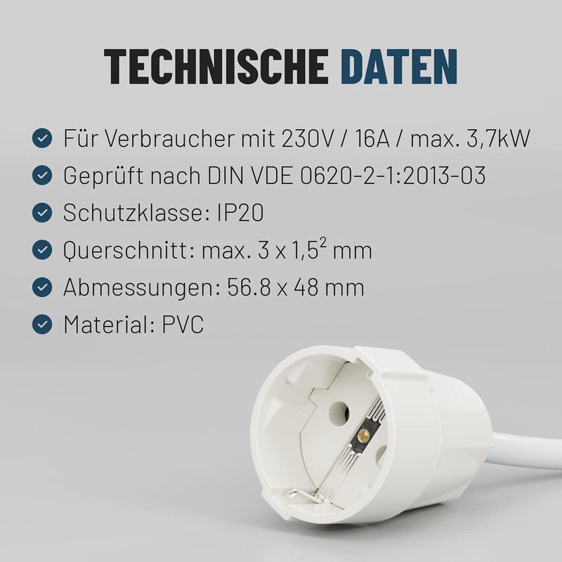 ABSINA 6 x Schuko Coupling White with Strain Relief -