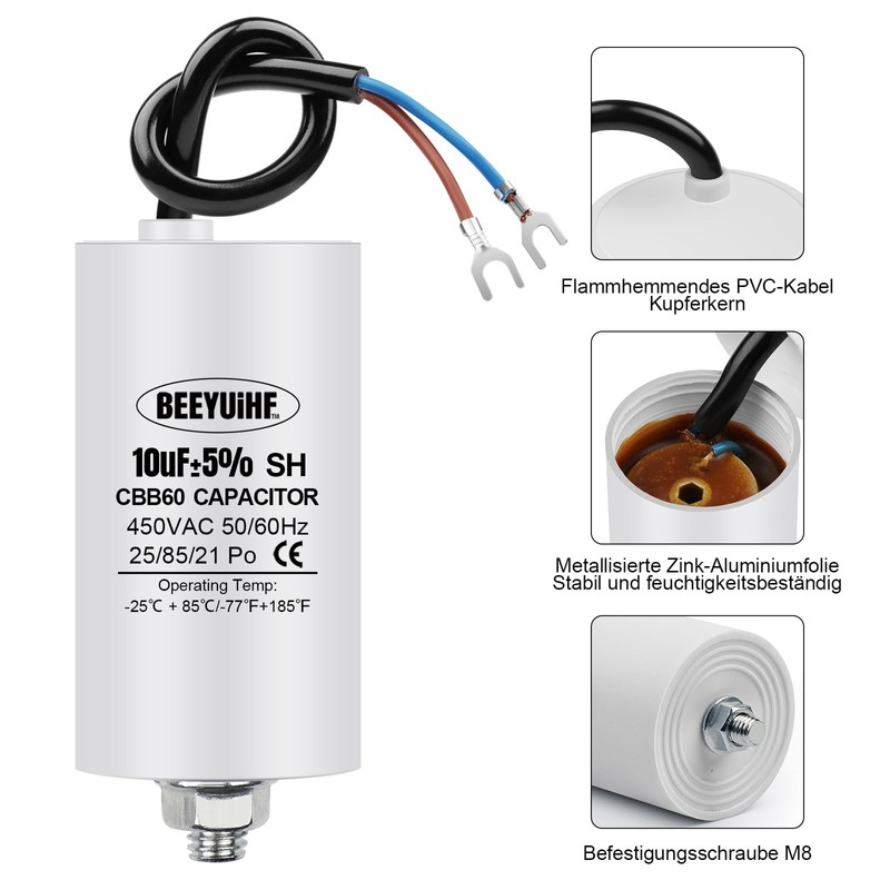 BEEYUIHF CBB60 Motor Capacitor 10µF 450V Capacitor 50/60Hz Starting Capacitor