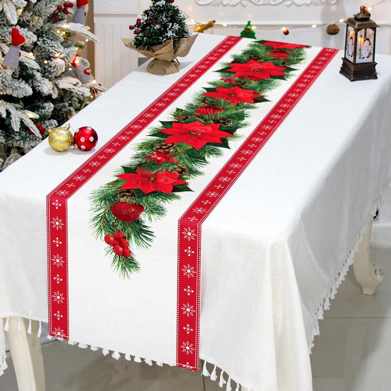 Christmas Table Runner Safflower, Red Linen Table Runner Tablecloth with